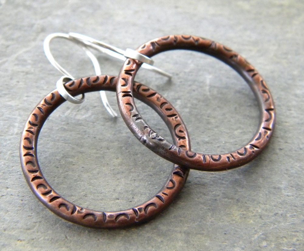 earrings. pure copper hoops, sterling silver, hand stamped