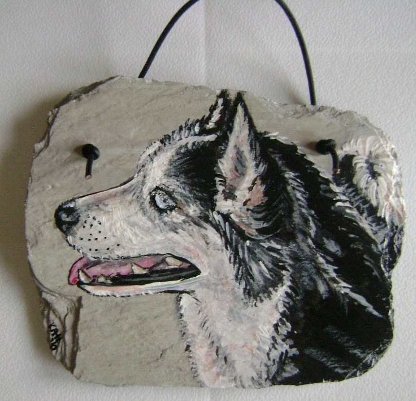 black and white husky. Black and White Husky Dog Hand Painted Slate. From angelpupscreations