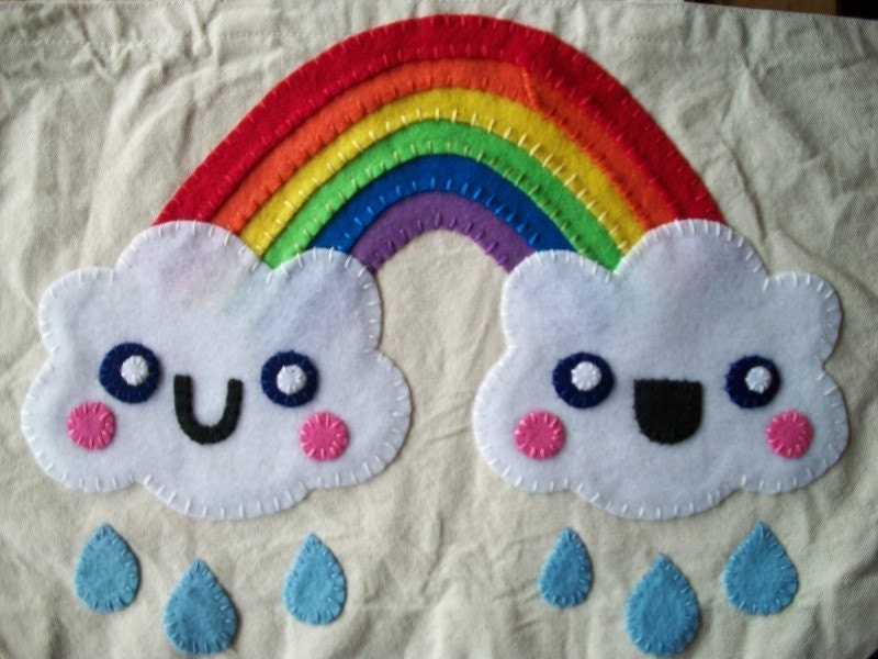 Happy Clouds with a Rainbow and Rain Drops X Large Tote Bag