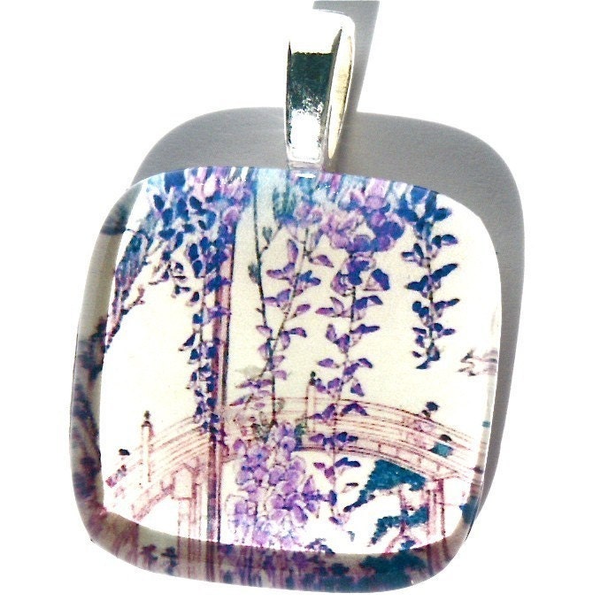 Glass Tile Pendant Violet Wisteria Blossoms Curved Bridge In Background Asian Painting
