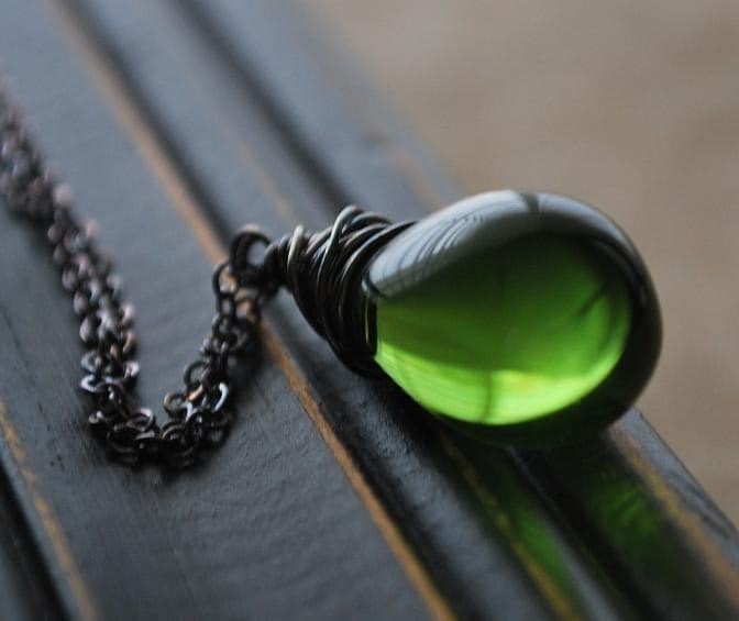 Moss Winds Necklace- Olive Green Glass Teardrop Wire Wrapped in Oxidized Sterling Silver Wire and Chain