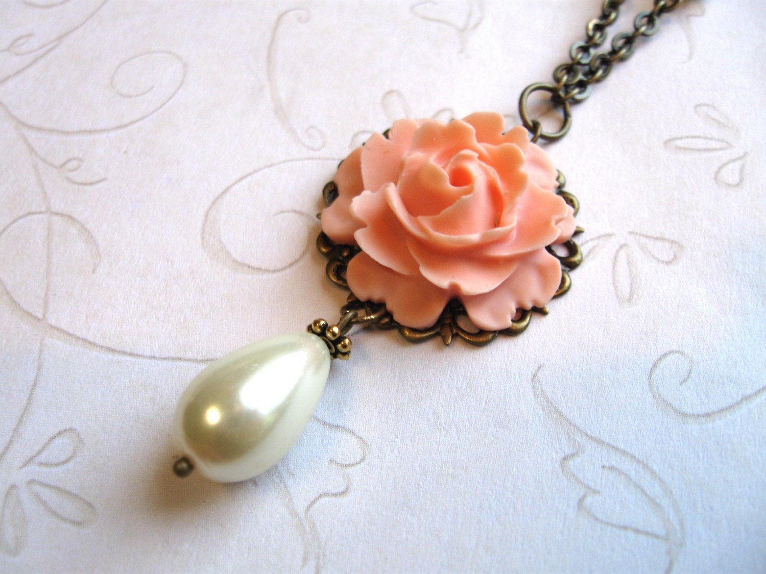 Garden Wedding Pearl Necklace, Peach