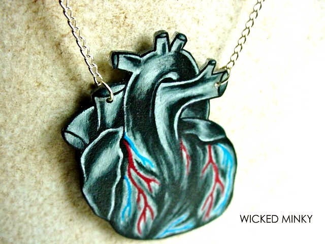 tattoo inspired balck and white anatomical human heart necklace