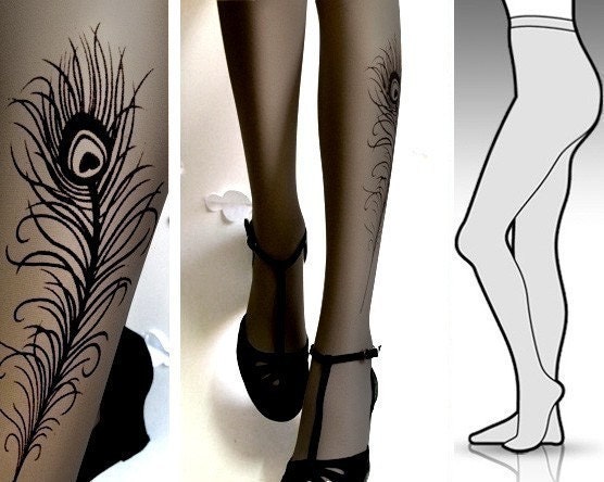 N E W LARGE/EXTRA LARGE gorgeous PEACOCK FEATHER tattoo tights / stockings 