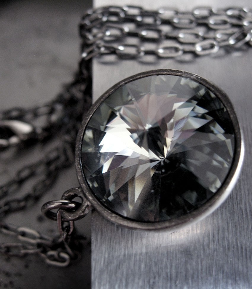 Vintage Swarovski Crystal Pendant Necklace - Smoke and Gunmetal