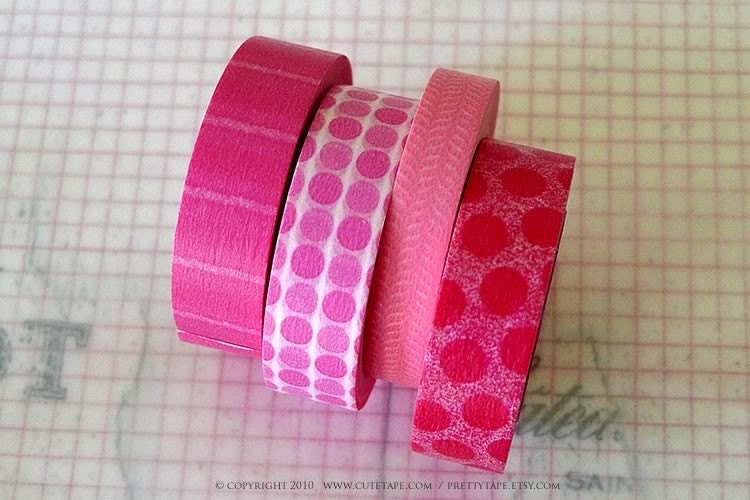 Japanese Masking Tape Pretty PINK Polka Dots Stripes Pattern 15mm - Set of 4