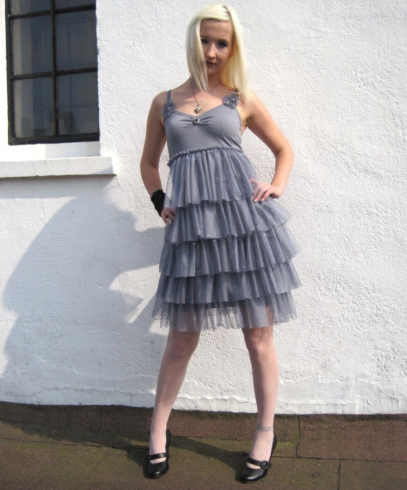 Gray layered tulle frilled dress with diamante sparkles