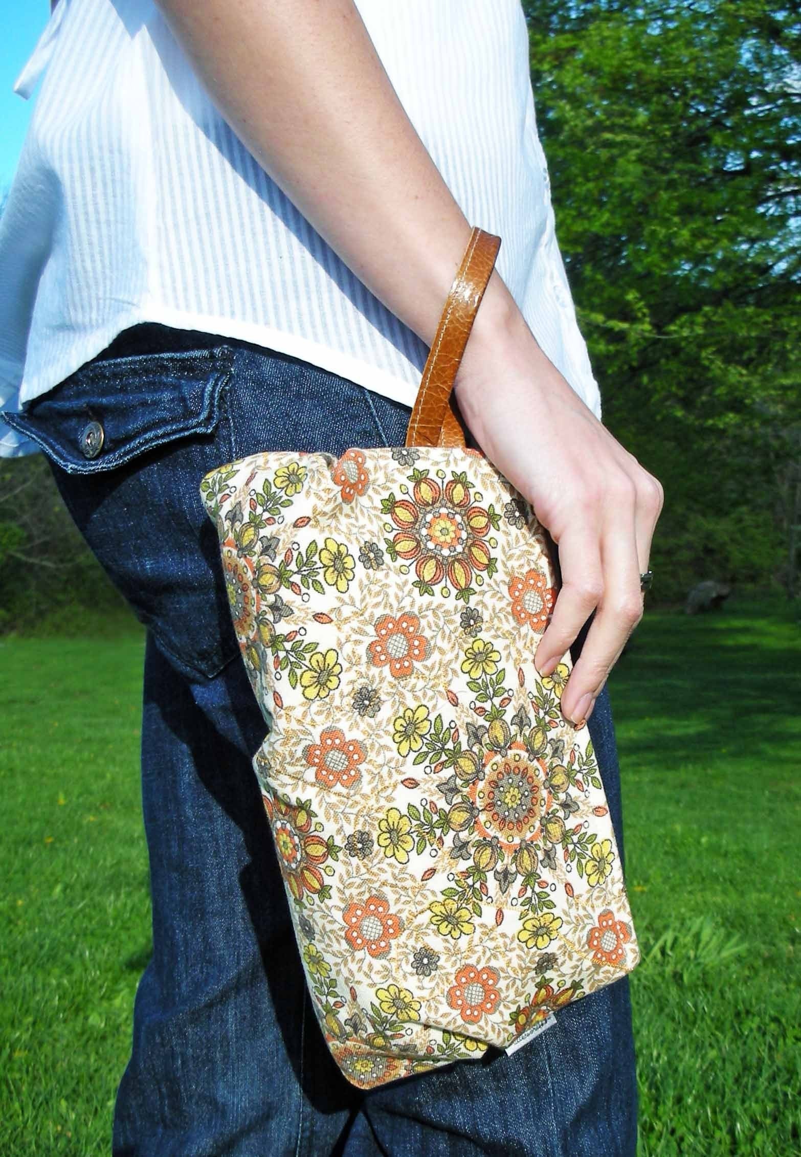  Vintage Fabric bag with Leather Strap Tonal Orange Floral- Calico Kaleidoscope Dahling Wristbag