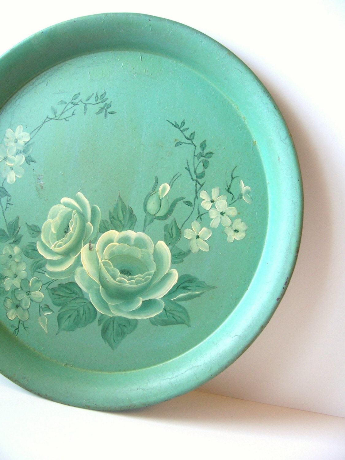 Shabby Chic Mint Green Tole Floral Tray
