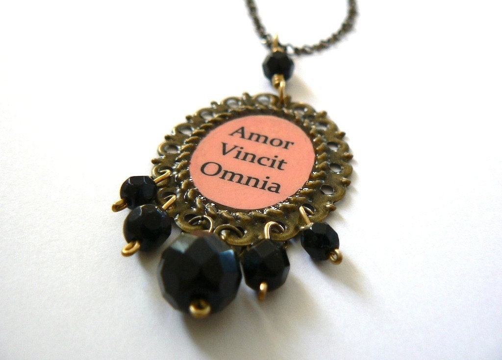 amor vincit omnia necklace. Amor Vincit Omnia Necklace, Brass and Jet Black Czech Glass. From amoronia
