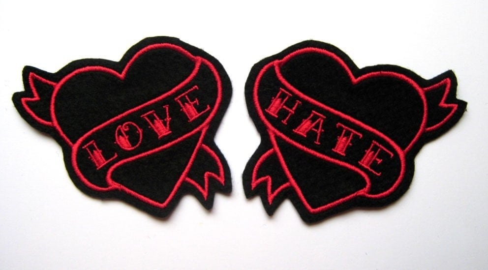 PAIR OF RED LOVE HATE TATTOO PATCHES. From DollyCool