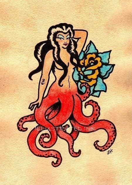 Octopus Pinup Print Old School Tattoo Flash Free Shipping