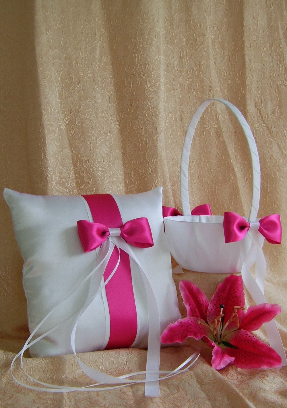 Fuchsia Wedding Color, Flower Girl Basket and Ring Bearer Pillow Set