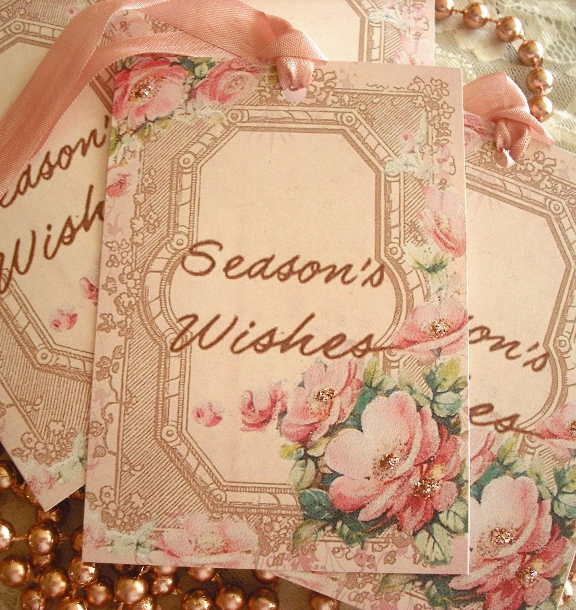 NEW ITEM... VINTAGE INSPIRED PRETTIEST PINK SEASON'S WISHES GIFT TAGS