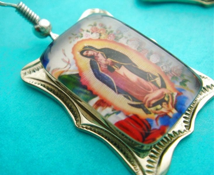 virgen de guadalupe with mexican flag. Silver Virgen de Guadalupe and