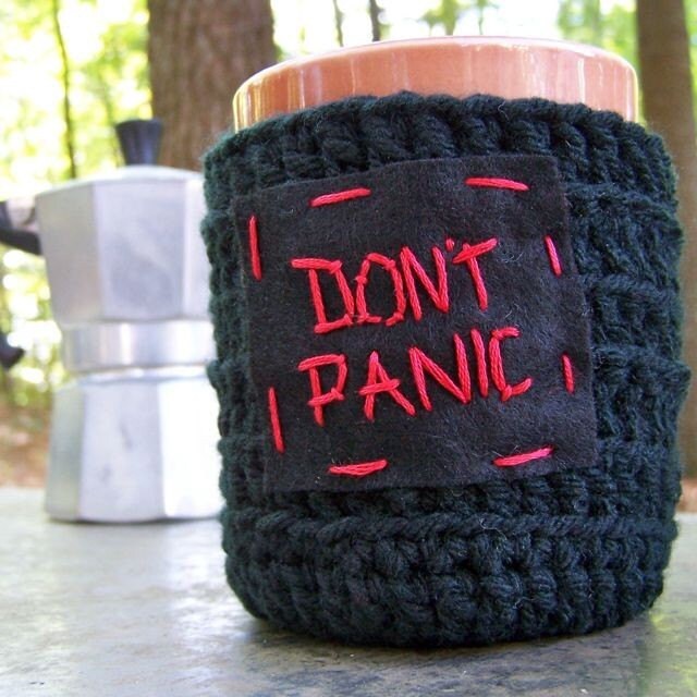 hitchhikers dont panic. Hitchhikers Dont Panic funny coffee mug cozy handmade. From knotworkshop