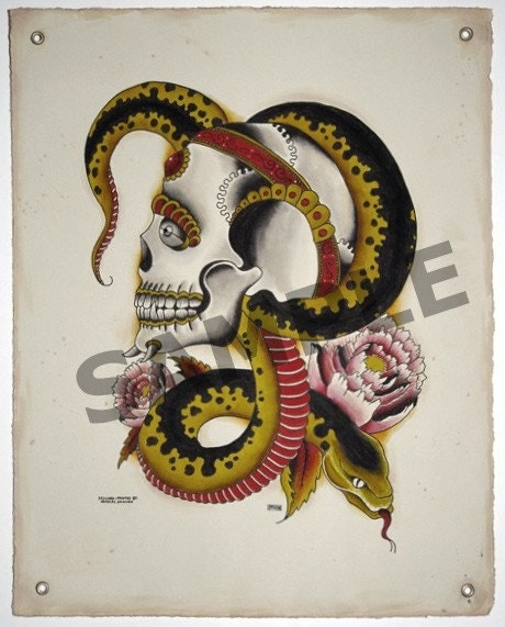 Old School Tattoo Design Print, Japanese Style Skull and Snake