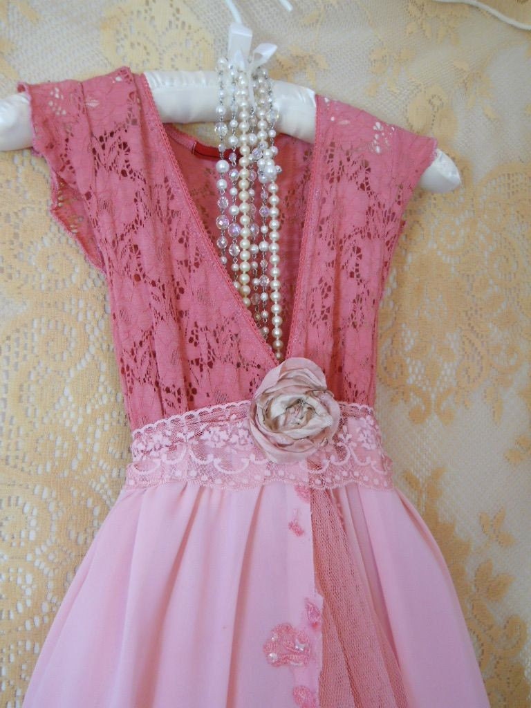 Coral pink beaded tulle maxi dress rose romantic Medium by vintage opulence on Etsy