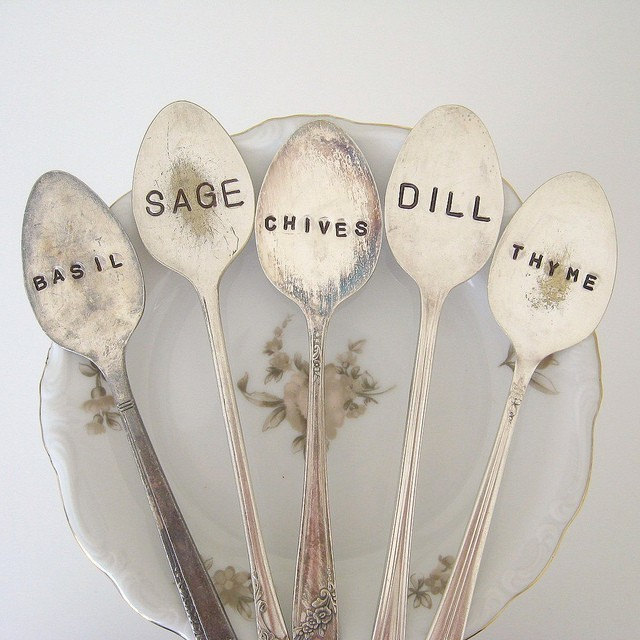 5 antique spoon garden markers set