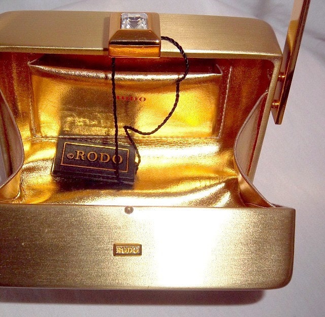 RODO Italy Brushed Gold Metal Swarovski Crystal Mini Box Evening Bag Purse