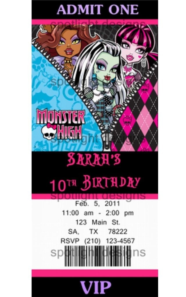 Monster High Ticket Invitation Style by SpotlightStarDesigns