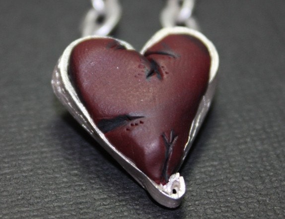damaged heart. Pure Silver and Polymer Damaged Heart Pendant necklace Free U S A Shipping. From kcmisme