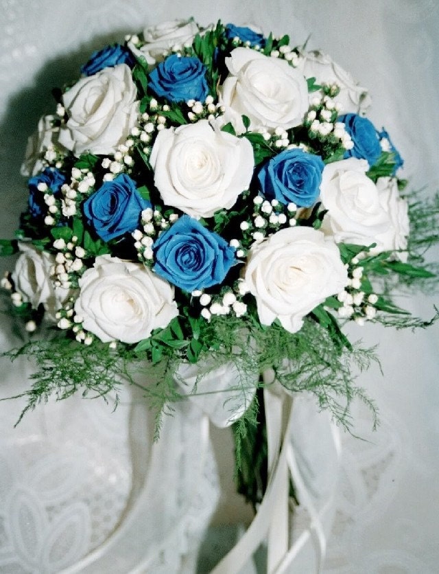 white rose bouquet with blue ribbon. Preserved Rose Bridal Bouquet,