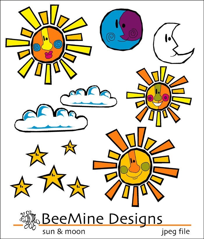 Clip Art Sun And Moon. Sun and Moon Digital Clipart for Scrapbooking, Cards, Web Design and More. From BeeMineDesigns