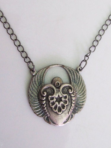 Custom Steampunk Silver Heart with Wings Pendant Necklace
