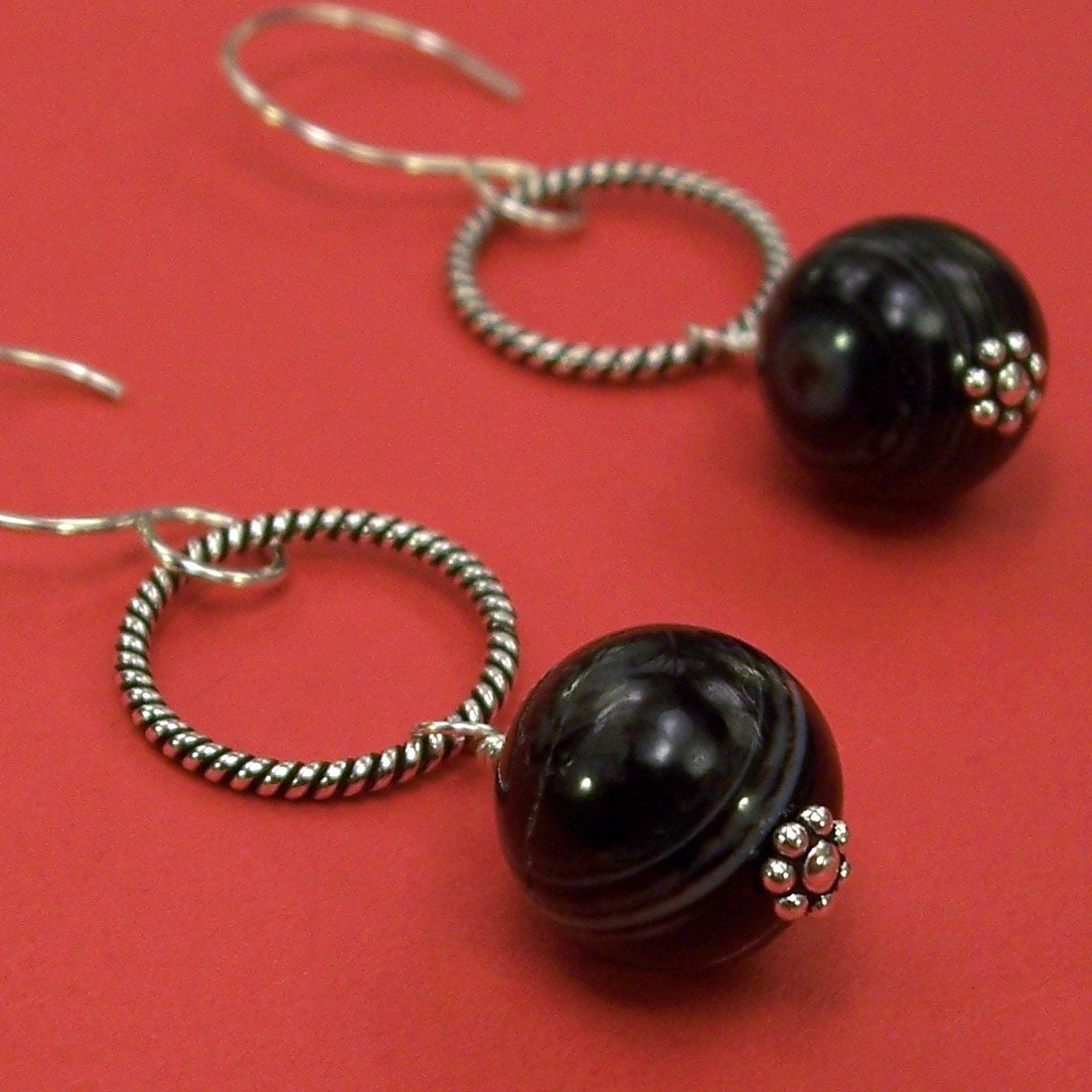 Black Striped Agate and Twisted Circle Earrings in Sterling Silver