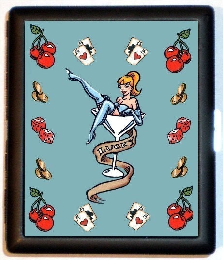 Retro Tattoo LUCKY Girl Cherries Cherry Dice Cards Gambling Poker chips Bad 