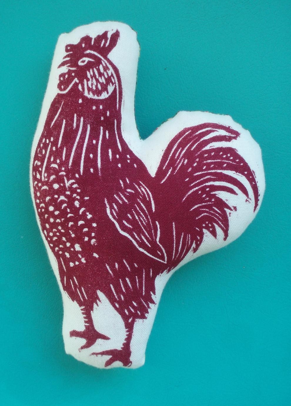 block print rooster stuffie perfect for home, office, or play, sewn together with vintage fabric and stuffed with polyfil. And FYI, with all this CSPIA business artgoodies inks have been tested and are confirmed 100% lead free!