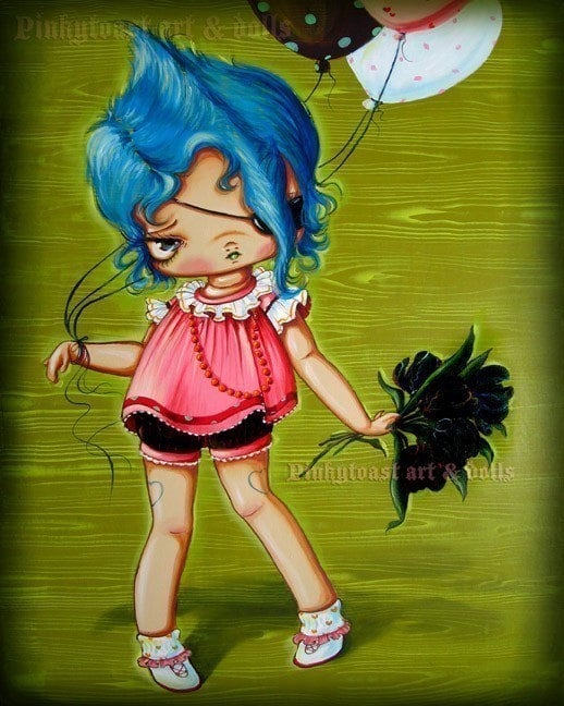 The painting features a blue haired sweetheart with matching heart tattoos 