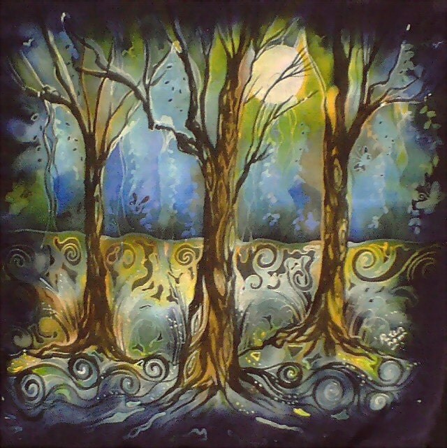 paintings of trees at night. Silk Painting Signed Trees