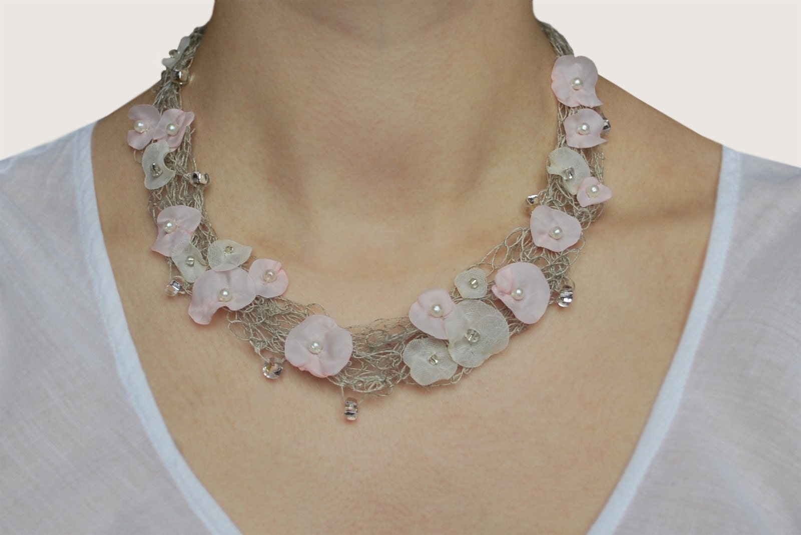 Delicate Crocheted Linen Necklace Pale Pink and Champagne flowers