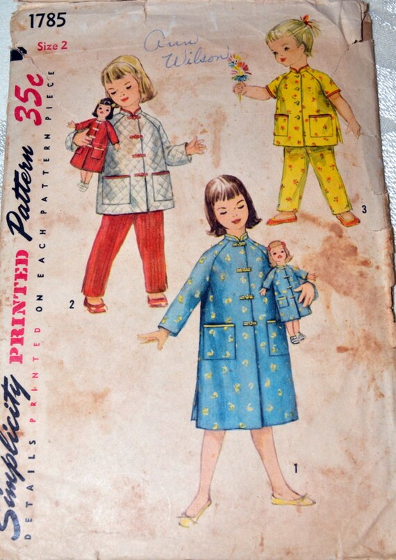 Vintage Sewing Pattern Simplicity 1785 50's Child's Mandarin Pajamas Doll Coat Posey & Saucy Walker Dolls Complete