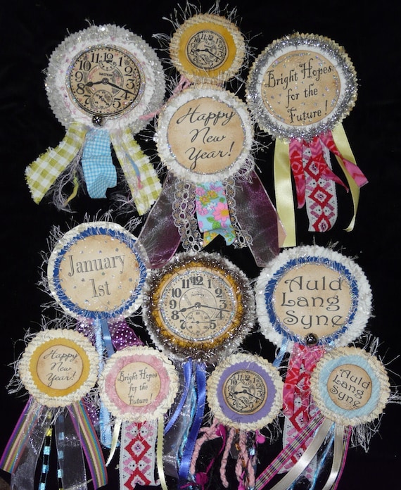 New Years Eve Badges E Pattern email Pins doll PDF jewelry ribbon bell christmas party primitive old