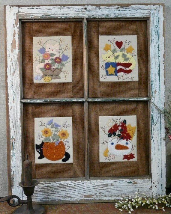 Four Seasons Cats and Flowers E Pattern - window frame Pdf quilt stitchery embroidery wool applique kitty