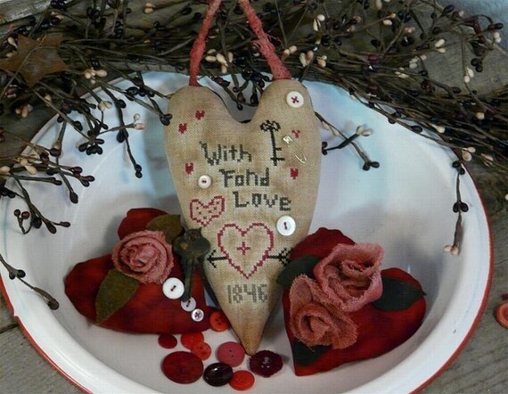 Valentine With Fond Love1846 E Pattern - email primitive old stitchery pdf Roses embroidery Ornies vintage bowl Cross-Stitch filler