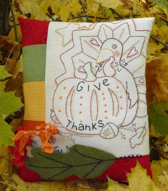 Embroidery pdf Thanksgiving Give Thanks stitchery  pillow E Pattern  - Turkey tag pumpkin ribbon hand pocket primitive