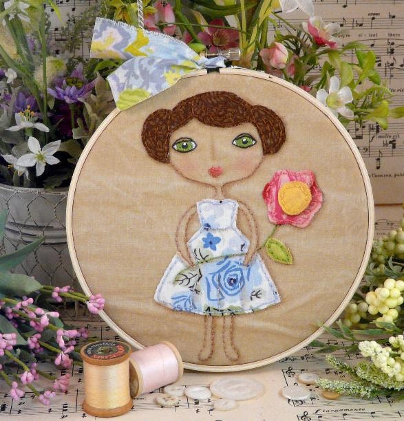 new 2012 Vintage Garden Party Girl Stitchery E Pattern - email Pdf primitive Hoop art embroidery flowers