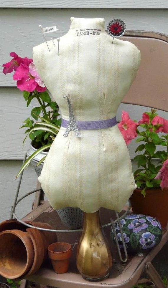 Dream cream paris Mannequin Dress Form pinkeep - large french fabric jewelry holder Pincushion Pin Keep primitive cushion