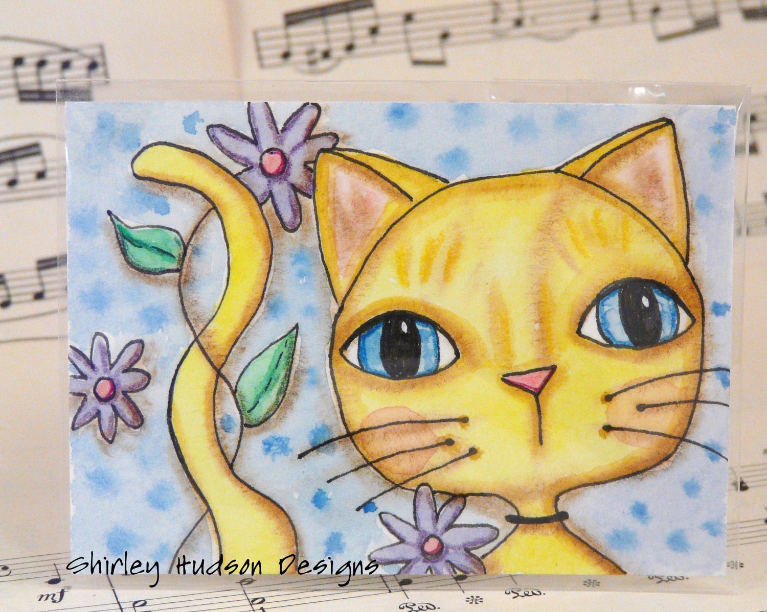 Sweet Yellow Tabby cat Original ATC card - ACEO watercolor ink painting