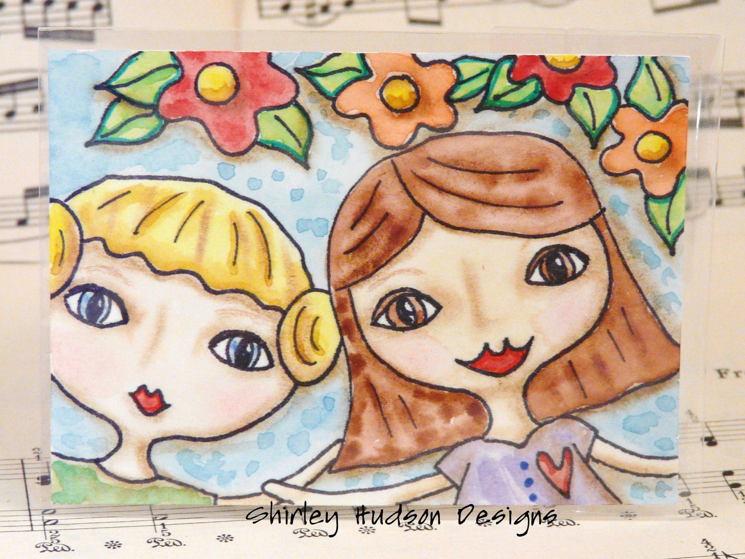 Best Friends in the garden Original ATC card - ACEO sisters girls women watercolor ink painting