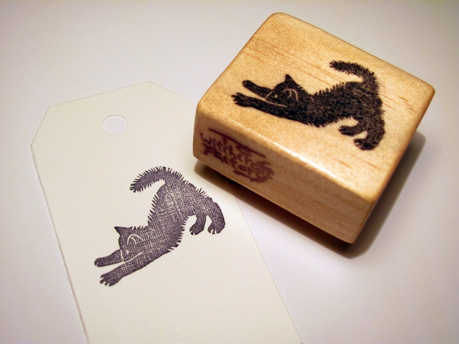 Hand Carved Rubber Stamp, Stretching Black Kitten