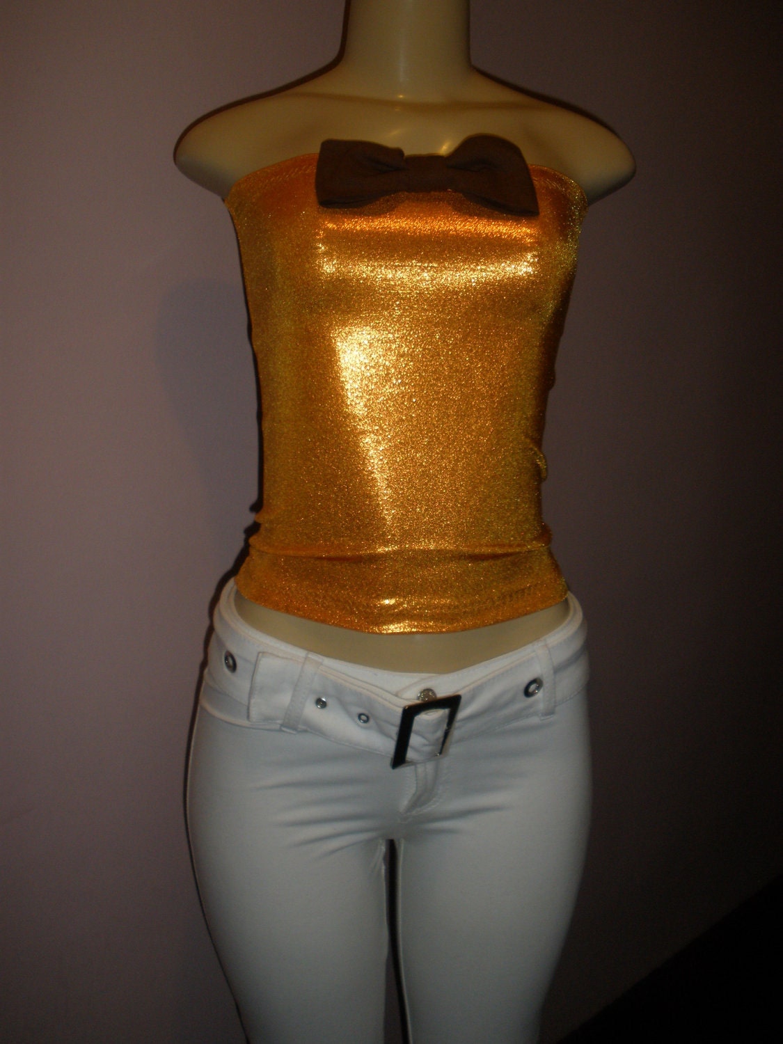 Adorable Golden Orange Handcrafted Halter Top with Cute Brown Bow on Front Fits Size: Small/Mediun/Large