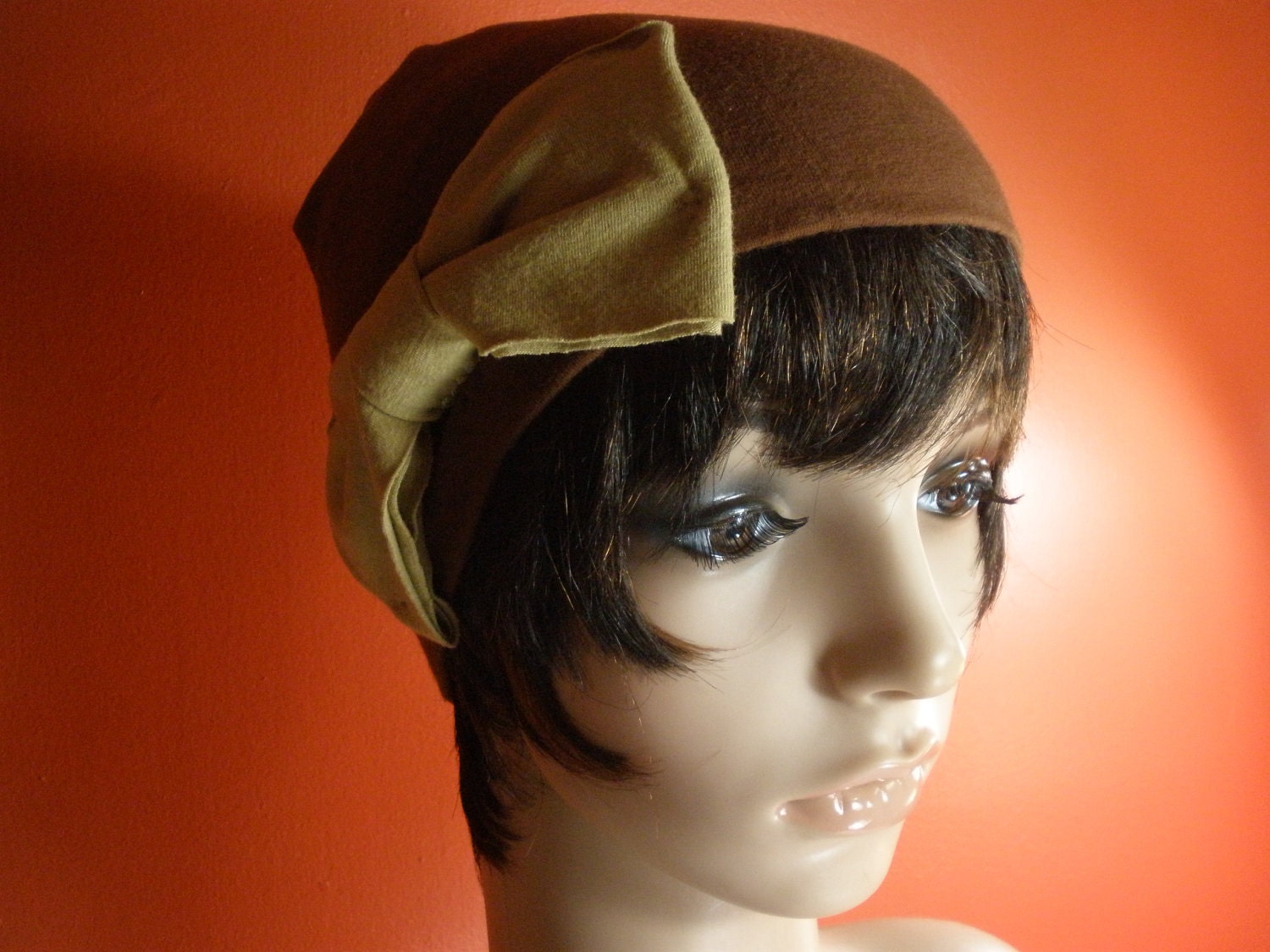 Adorable Soft Brown with Cute Tan Bow Womens Skully Hat/ Skull Cap