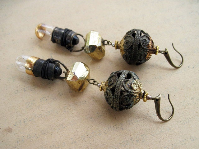 The Mystic. Victorian Tribal Assemblage earrings with Gold Leaf and Light bulbs.