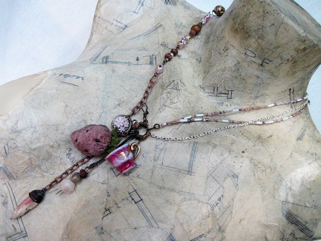 Princess Things. Dusty Pink Rustic Gypsy Victorian Tribal Assemblage Necklace.