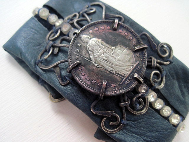 The Lady Victory. Rustic Gypsy Victorian Tribal Leather Cuff with Coin.